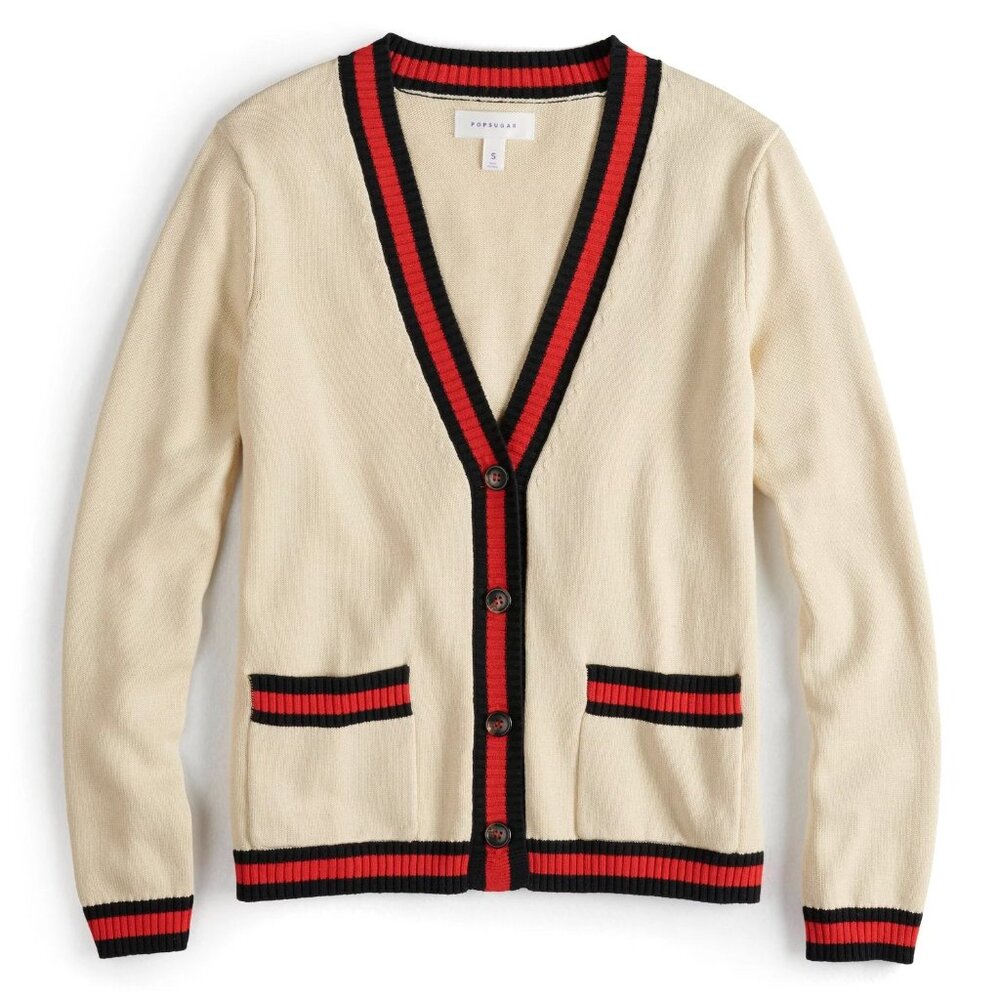 Popsugar Varsity Striped Cardigan Sweater - Cream with Red/Black  - Small